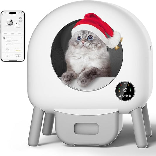 Self Cleaning Litter Box - 105L Large Automatic Cat Litter Box Self Cleaning, All Litter Suitable, 1 Roll Garbage Bags and Mat, App Control, White grey1.X