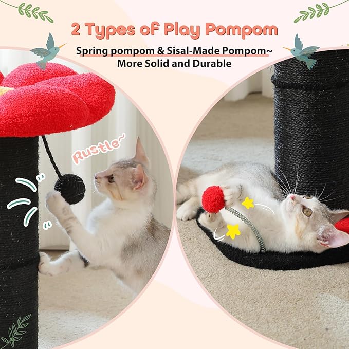 PEQULTI Flower Cat Scratching Post, Gothic Cat Tree, Tall Cat Scratcher for Indoor Cats with Super Thick Scratching Post [Dia=5.5''], Removable Flower Cat Bed, Cat Scratch Post with Spring Ball, Black