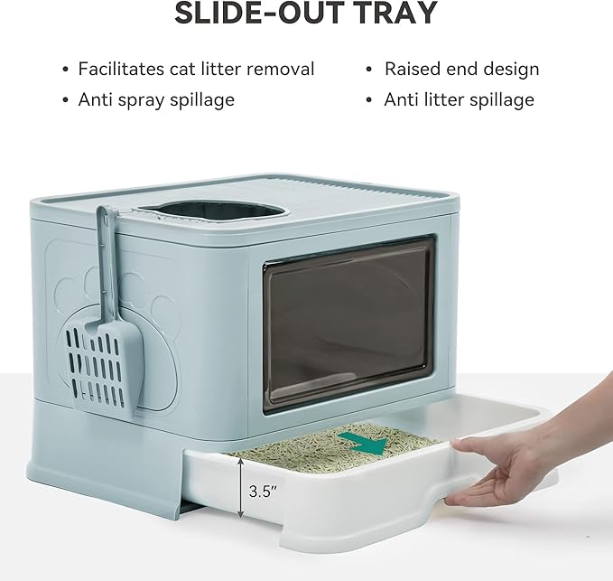 YITAHOME Large Enclosed Cat Litter Box with Lid Cover, Hooded Odorless Cat Toilet with Litter Scoop Cat Self Groomer Deodorizer Filter Front Entry Top Exit Door, Easy to Install and Clean (Blue)