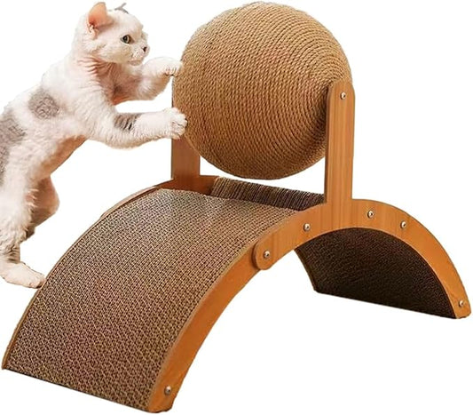 Sisal Cat Scratching Ball Toy, Interactive Cat Scratcher Board with Wooden Frame, Durable Scratch Toy for Indoor Cats, Wear-Resistant Ferris Wheel Design for Endless Fun! (Extra Small)
