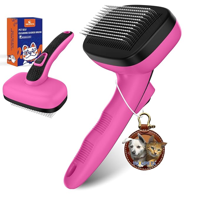 Dog Self Cleaning Slicker Brush for Shedding, Ideal for Short Long Haired Dogs, Including Cat. Removes Loose Fur, Undercoat, Mats, Tangled Hair. Suit for Large Medium Small Animal, Pink