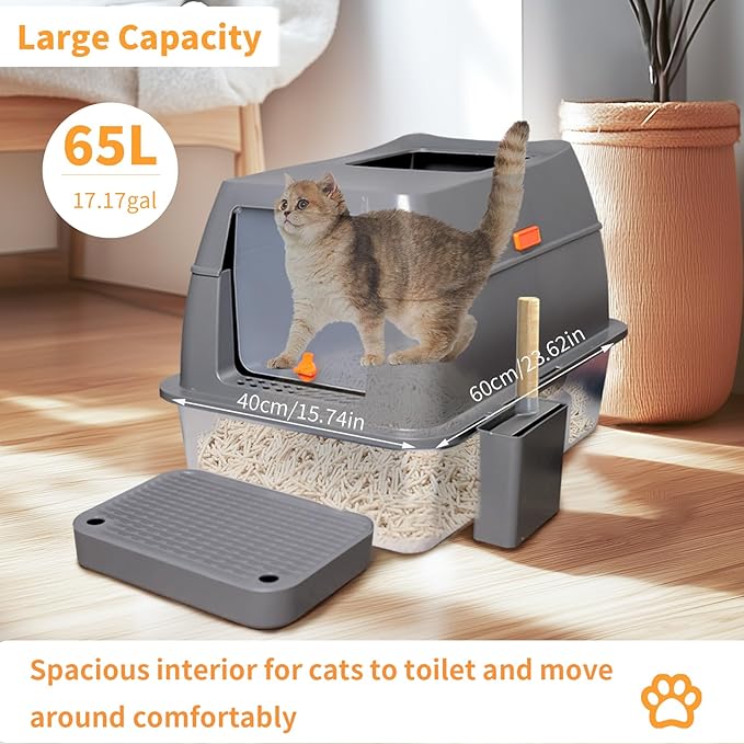 Stainless Steel Cat Litter Box: Extra Large Covered Metal Litter Box Non-Sticky and Anti-Urine Leakage - High Sided Enclosed Kitty Litterbox with Triple Pedal and Scoop for Jumbo Cats