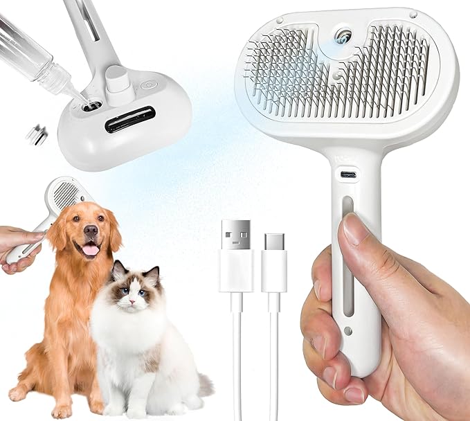 QOQ Self-Cleaning Spray Cat Brush for Shedding, Removes Static Flying Hair, and Works Wonders for Both Long and Short-Haired Pets 2 In 1 Cleaning Brush for Cats And Dogs Grooming (white)