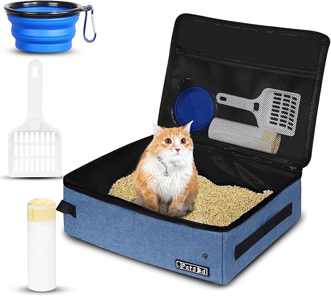Petskd Portable Cat Travel Litter Box with Lid and 10 pcs Disposable Liner Bags, Leak-Proof and Collapsible, Cat Travel Essentials for Car Travel, Hotel, Airplane and Other Outdoor Use(Blue)
