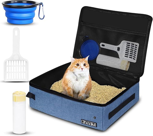 Petskd Portable Cat Travel Litter Box with Lid and 10 pcs Disposable Liner Bags, Leak-Proof and Collapsible, Cat Travel Essentials for Car Travel, Hotel, Airplane and Other Outdoor Use(Blue)