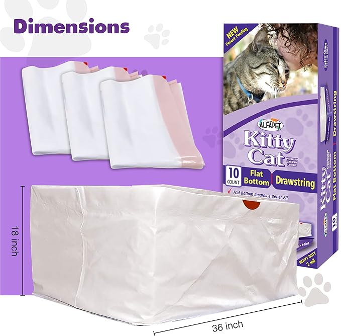 Alfapet Litter Box Liner Flat Bottom Pack of 10 - Super Heavy Duty Kitty cat Litter Bags with Drawstring for Poop and Liquid Waste - Jumbo Design for Extra Large Cat Pans