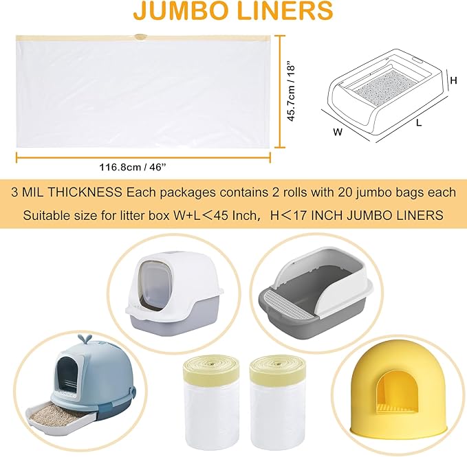 ELEGX 3MIL 46" x 18" Jumbo Cat String Liners Fit for Most Extra Large Litter Boxes,HDPE Material,50% Thicker Than the Others,Tear & Leak Resistant,Heavy Duty Drawstring Kitty Litter Pan Bags (80)