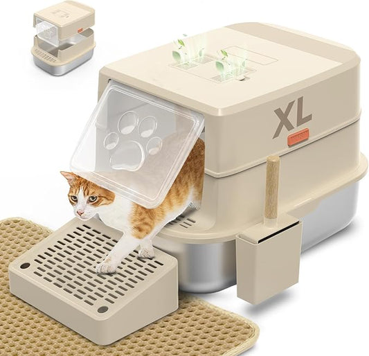 Stainless Steel Cat Litter Box with Lid, 3 in 1 Removable Litter Box for Big/Multiple Cats, High Sides Kitty Litter Pan, Leak-Proof XL Extra Large Enclosed Metal Litter Box Easy Clean with Scoop & Mat