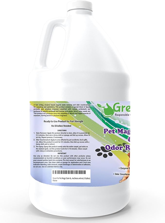 GreenFist Pet Stain & Odor Remover Magic Fast Acting Carpet Spot Cleaner Enzyme Powered Formula Cats,Dogs, Small Animal, 1 Gallon