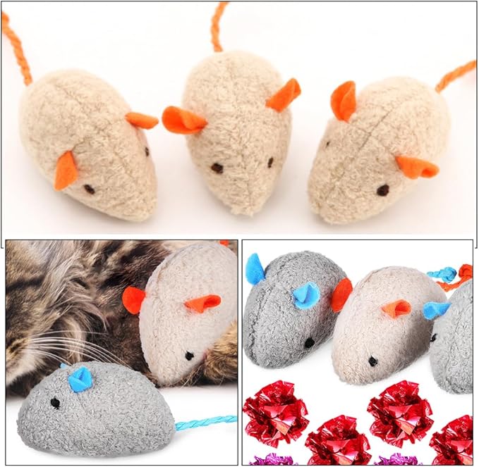 LOGOFUN 4Pcs Cat Mice Toy Plush Cat Mouse Toys Kitten Mice Chew Toy Kitten Mouse Molar Toy for Pet Supplies - Gray+Beige