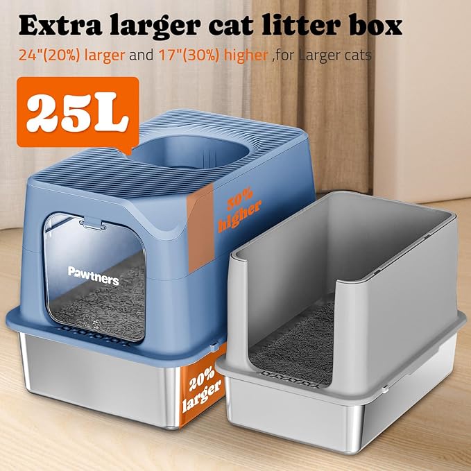 Pawtners Cat Litter Box, XL Extra Large Stainless Steel Kitty Litter Pan, Front Entry Top Exit Enclosed Metal Cat Toilet for Odor Control with Removable Lid & Scoop, Anti-Leakage, Easy to Clean, Blue