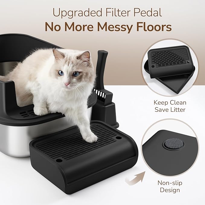 Stainless Steel Litter Box with Lid – XL Removable Covered Cat Litter Box with Door Flap,Extra Large Enclosed Metal Litter Box with High Sides,Litter Scoop – Durable & Easy to Clean,Black