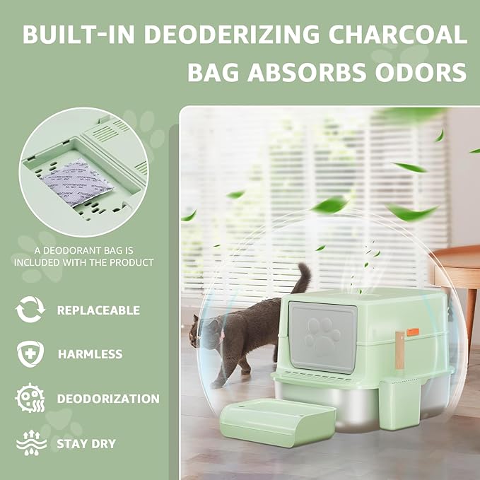 Enclosed Stainless Steel Cat Litter Box with Lid, XL Extra Large Litter Box for Big Cats Multi-Cats with High Sided Enclosure & Scoop, Odor-Free，Anti-Leakage, Non-Sticky, Easy Cleaning (D-Green)