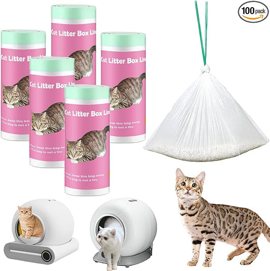 100 Pack Cat Litter Box Liner Bags Compatible with Self-cleaning Cat Litter Box, Thick Heavy Duty Drawstring Automatic Cat Litter Box Waste Drawer Liners-19" x 18"