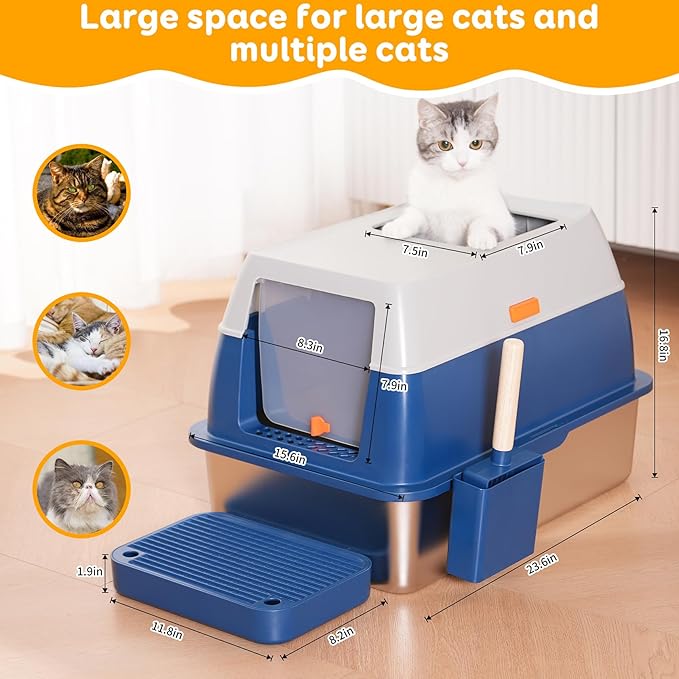 Enclosed Stainless Steel Litter Box with High Sides, Top Entry Jumbo Cat Litter Box with Lid, Covered Metal Extra Large Litter Box for Big Cats, Durable, Anti Leakage, Odorless, Non-Sticky, FOXORU