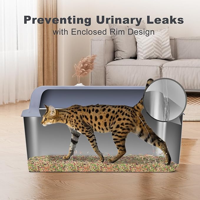 Stainless Steel Cat Litter Box, XL Extra Large Enclosure Litter Box for Small Big Cats, Filter Metal High Sided Litter Box with Scoop Mats, Non-Sticky Anti-Leakage Easy Cleaning