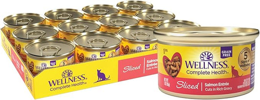 Wellness Complete Health Natural Grain Free Wet Canned Cat Food, Sliced Salmon Entree, 3-Ounce Can (Pack of 24)