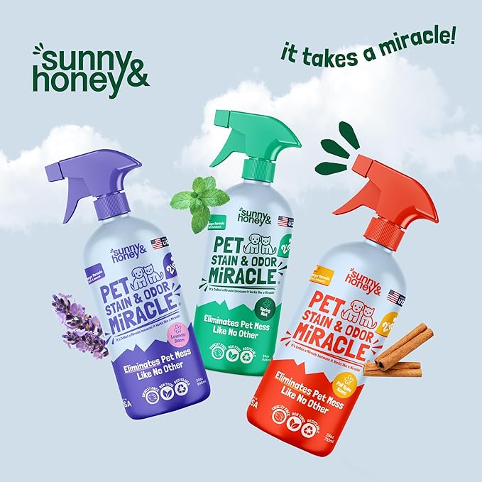 Sunny & Honey Pet Stain & Odor Miracle - Enzyme Cleaner for Dog Urine and Cat Pee - Pet Stain & Pet Odor Eliminator for Carpet, Mattress & Furniture - 32 fl oz Miracle Pet Stain and Odor Remover Spray