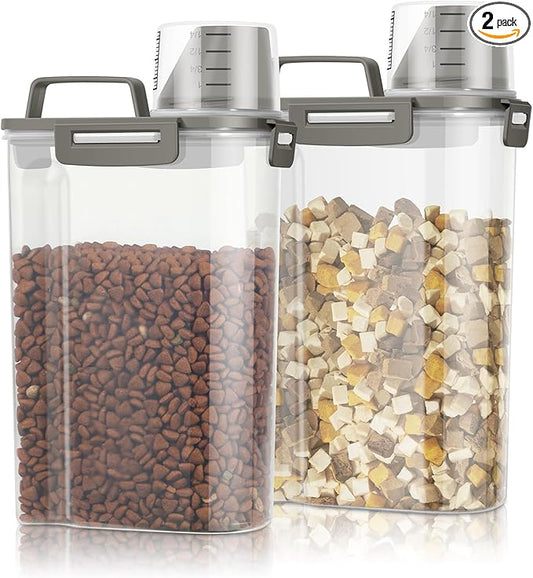 TBMax Small Dog Cat Food Storage Containers 2 Pack, Travel-Friendly Pet Food Container with Spout & Measuring Cup, Kid-Friendly Pet Feeding Dispenser, Portable Dog Treat Bird Seed Container -Grey