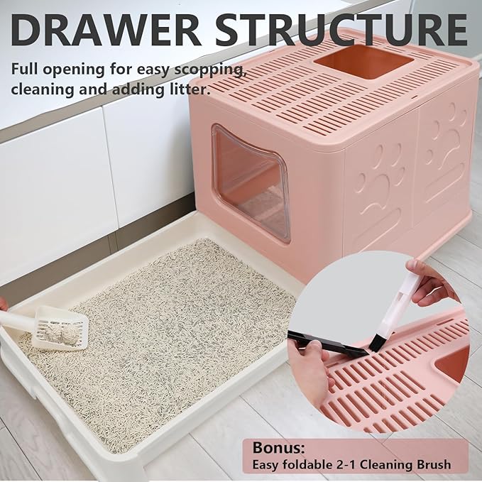 Foldable XL Cat Litter Box with Lid, Jumbo Enclosed Cat Potty, Top Entry Anti-Splashing Cat Toilet, Easy to Clean Including Cat Litter Scoop and 2-1 Cleaning Brush (Pink) Extra Large