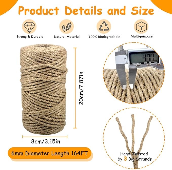 Jute Rope for Cat Scratch Post 1/6" mm Diameter 164 FT Cat Natural Hemp Rope Cat Tower Repair Rope Cat Tree Rope Replacement Recovering and DIY