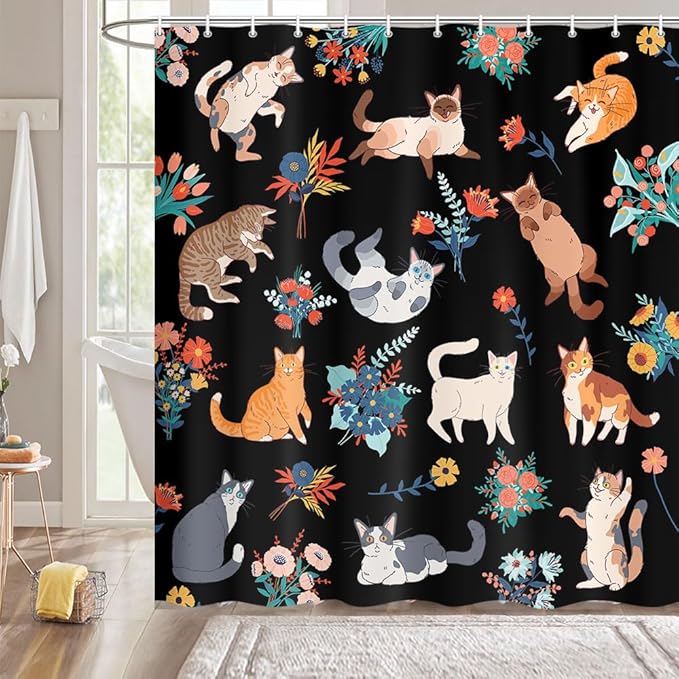 Cute Cat Shower Curtain With Flowers, Black for Bathroom Decor, Funny Set With Hooks, Kids 72X72in