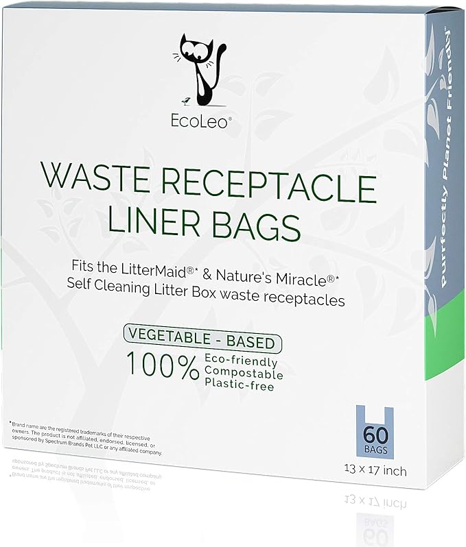 EcoLeo, Compatible with LitterMaid & Nature's Miracle Waste Receptacles, Compostable Certified, Plastic-Free, 60 Refill Bags with Handles, Use in Self-Cleaning Litter Box Waste Trays