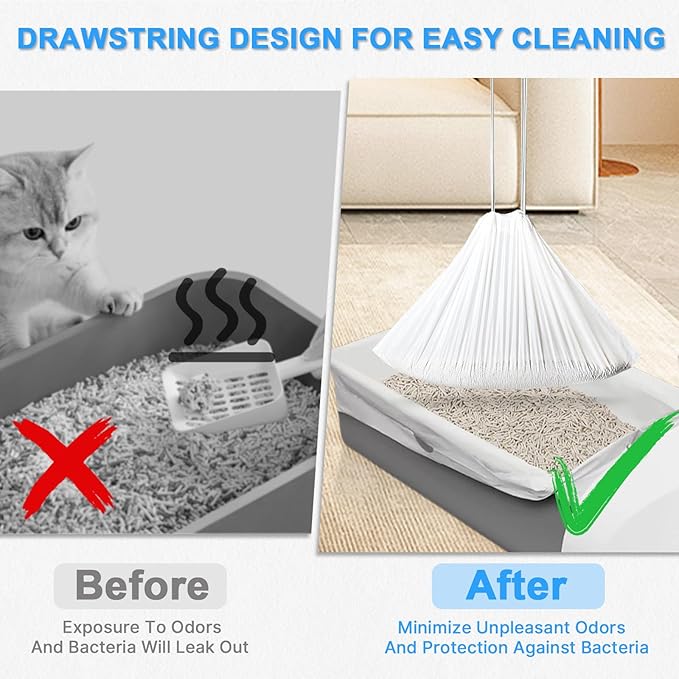 Cat Litter Box Liner 60 Count Cat Litter Bags Compatible With Litter Robot 3/4, 25x16in Thickened Waste Bags Replacement with Drawstring for Self-Cleaning Cat Litter Box (3Rolls)