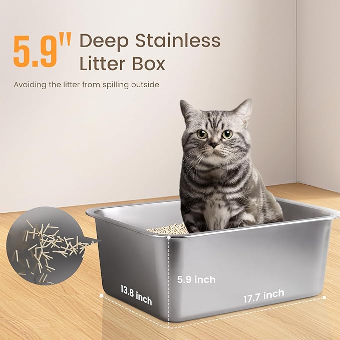 Stainless Steel Cat Litter Box - Scoop Free Cat Litter Boxes, Metal Litter Box, Stainless Steel Litter Box Easy to Clean, High Sided Litter Box, Ideal for Cats Rabbits Hamsters(Small)