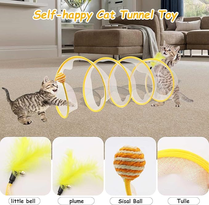 Cat Tunnel, 1PCS Folded Cat Tunnel Toy, Yellow Sisal Hemp Ball Tube Cat Springs for Indoor with Feather, Mouse Toys Interactive Cat Toy Tunnel Self-Happy Cat Toys, S-Type Collapsible Tent