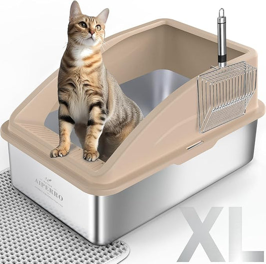 Enclosed Stainless Steel Cat Litter Box with Lid, XL Extra Large Litter Box for Big Cats with Cat Mat and All-Metal Litter Scoop (Beige, X-Large)