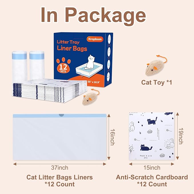 12 Pack Litter Box Liners Compatible with Safe Pets Scoopfree Cat Litter Box Tray Refill, Large Cat Waste Poop Bags with Anti-scratch Cardboard and Drawstring Heavy Tear-resistant- 37" x 16"