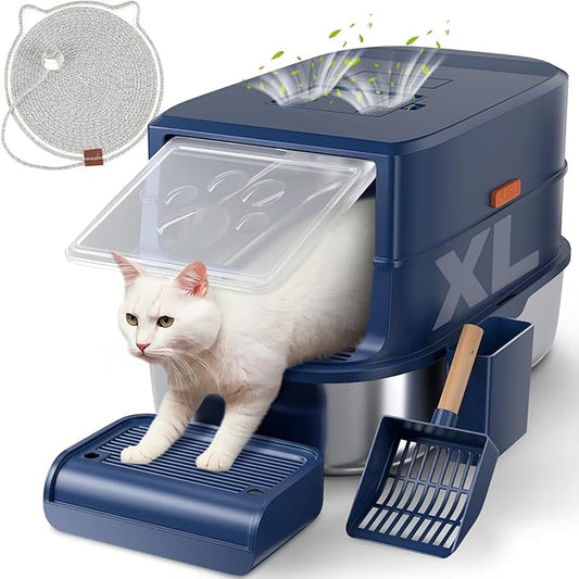 Stainless Steel Cat Litter Box with Lid - 3 in 1 Enclosed Cat Litter Box XL Extra Large Odor Control Covered Metal Litter Pan for Big Multiple Cats Includes Step, Scoop, Cat Scratcher Mat