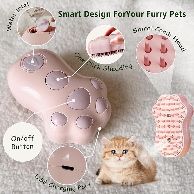Cat Steam Brush, Cat Steam Brush for Shedding, 4 In1 Rechargeable Pet Hair Removal Tool for Cat, Dog, Self Cleaning & Grooming Brush for Long & Short Hair of Pets, Comfortable Skin-friendly (Pink)