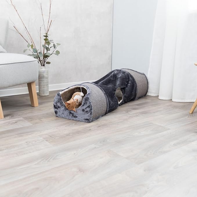 TRIXIE Cat Tunnel for Indoor Cats - Cozy Peekaboo Cat Cave Including Dangling Cat Toys - with Sturdy Sisal Scratching Surfaces - Collapsable and Easy to Store Cat Tube - in Gray