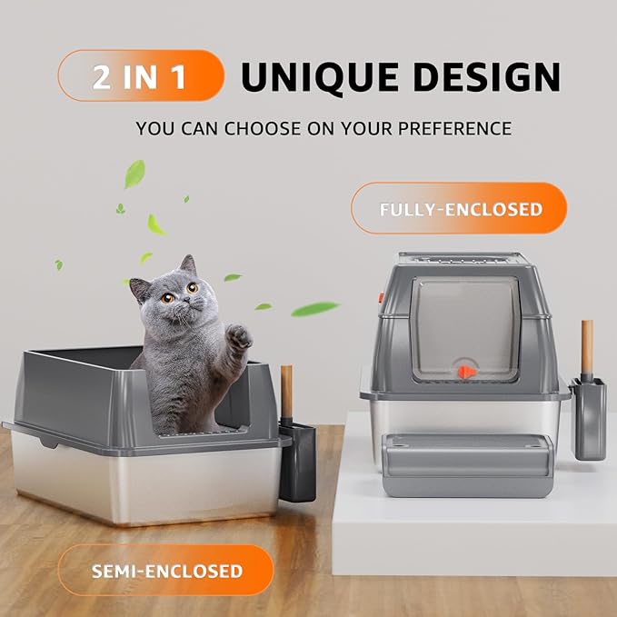 MIKK Enclosed Stainless Steel Cat Litter Box with Lid XL Extra Large Litter Box for Big Cats,Never Absorbs Odors, Sturdy Easy to Clean Non-Sticky Anti-Leakage with Cat Scratcher Mat(Grey)