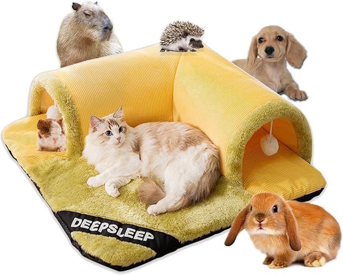 Cat Tunnel Bed for Indoor Cats, 2in1 Cat Bed and Tunnel Cat Toys,27.55IN Large Size Cat Carpet Tunnel Suitable for All Seasons, Detachable, Washable for Cats and Small Pets&Yellow