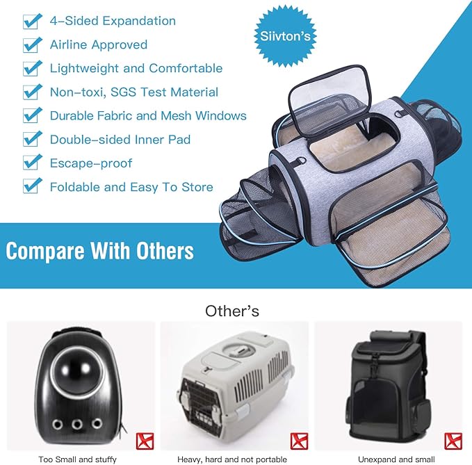 Siivton Pet Carrier Airline Approved, 4 Sides Expandable Cat Carrier Bag with Removable Fleece Pad, Large Soft Sided Pet Travel Carrier, Dog Carrier for Cats, Puppy and Small Dogs
