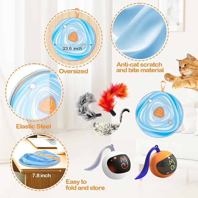 Migipaws Interactive Cat Ball Toy Set, Fun Tracker, Glowing Chase Ball with MystiChaser Pouch, Fluffy Tail, A Small Mice (White)