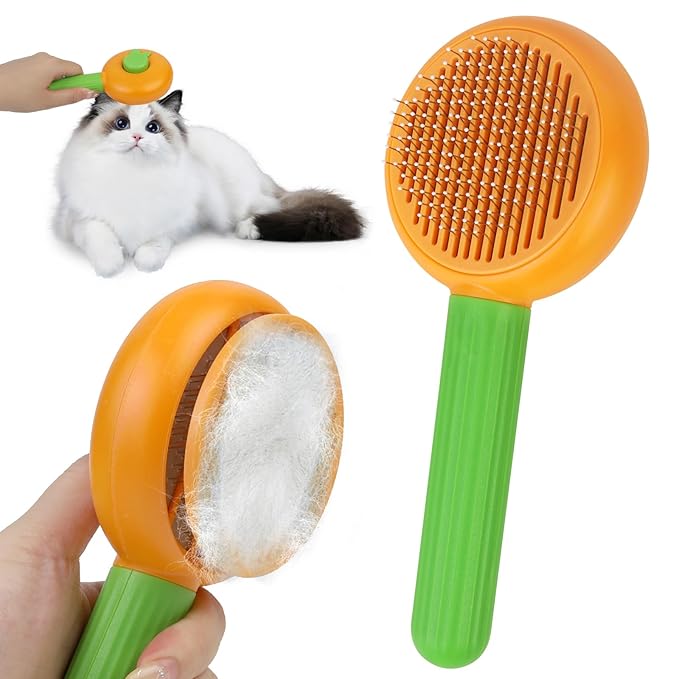 Self-Cleaning Slicker Brush for Dogs & Cats - Efficiently Removes Shedding Hair, Tangles, and Mats - Suitable for Long & Short Haired Pets -with Skin-Friendly Massage Tips - Orange