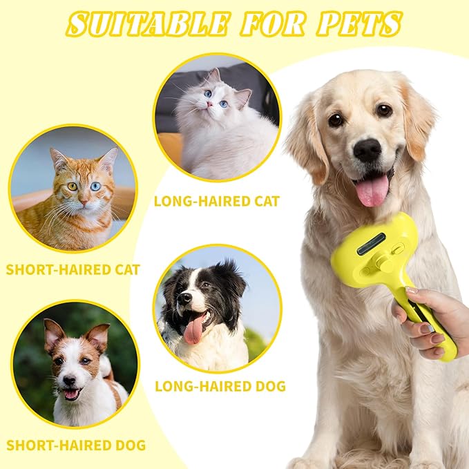 QOQ Self-Cleaning Spray Cat Brush for Shedding, Removes Static Flying Hair, and Works Wonders for Both Long and Short-Haired Pets 2 In 1 Cleaning Brush for Cats And Dogs Grooming (Yellow)
