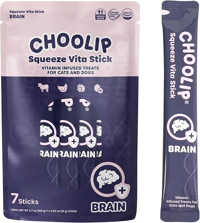 Squeeze Vita Stick Lickable Treats for Dogs & Cats. 7 Brain Support Sticks with Essential multivitamins. Soft and Tasty Paste for All Life Stages, Supporting Brain Health