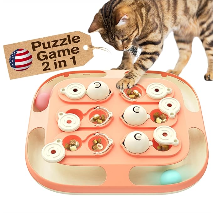 KADTC Cat Puzzle Games Level 2 in 1 Intelligence Mind Game Track Balls Kitten Food Puzzles Toy For Indoor Cats Sensory Activity Enrichment Toys Treat Feeder Entertainment Mental Stimulation Kitty Gift