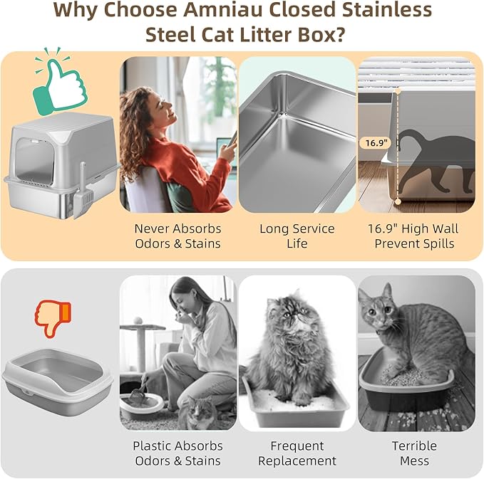 Stainless Steel Cat Litter Box with Lid, Extra Large Litter Box, Great for Large & Small Cat, Easy to Clean, Anti-Leakage, Non-Sticky, Multifunctional 2 in-1 Metal Cat Litter Box - Light Gray