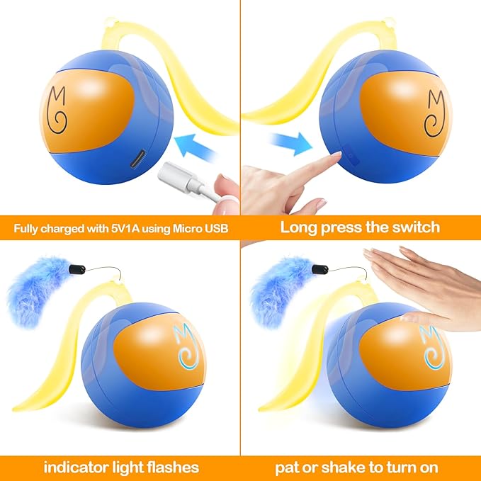 Migipaws Interactive Cat Ball Toy Set, Fun Tracker, Automatic Rolling Chase Ball with Fluffy Tail, A Small Mice, Rechargeable（Blue）