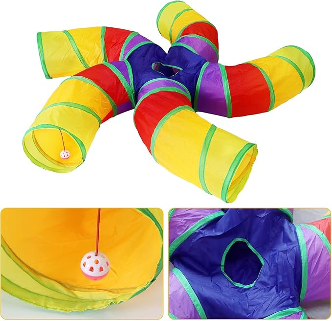Bemodst Cat Tunnel for Indoor Cats, 2 Way/3 Way/4 Way/5 Way Cat Tubes and Tunnels Collapsible S-Shape Small Animal Tubes Kitty Tunnels Interactive Maze Cat Toy for Kitten Rabbit (Colored 5-Way)