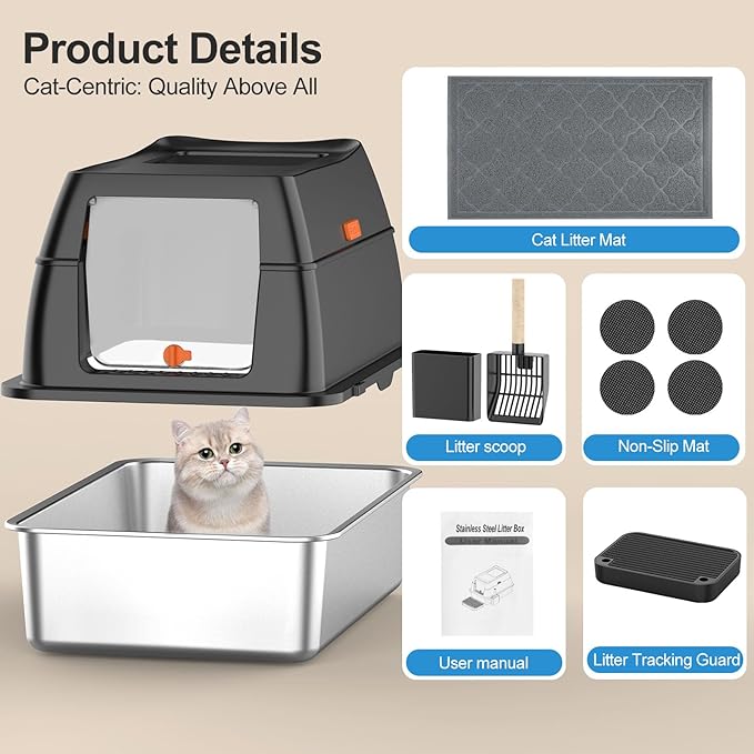 Stainless Steel Litter Box with Lid,Front Entry Top Exit Kitty Litter Box,Extra Large Enclosed Metal Litter Box with Litter Scoop & Litter Mat-Black