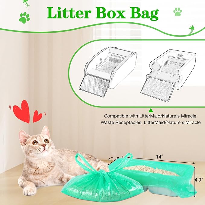 Litter Box Liners Compatible with LitterMaid/Nature's Miracle Waste Receptacles, Green Unscented 220 Refill Bags with Handles Use in Self-Cleaning Litter Box Waste Trays