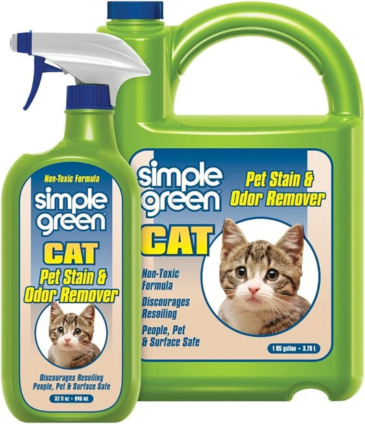 Simple Green Cat Stain & Odor Remover - Enzyme Cleaner for Cat Urine, Feces, Blood, Vomit (32 oz Sprayer & 1 gallon Refill)