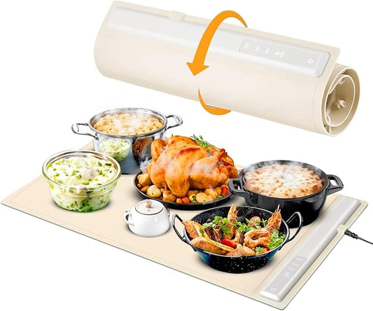 Electric Warming Tray, Full Surface Heating, Portable Food Warmer Rolling Silicone Mat, Food Warmer for Parties FeaturesFoldable Design & Fast Heating, Warming Plate for Buffet (Beige)